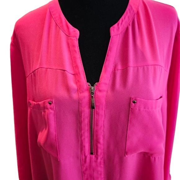 Maurices Hot Pink Zipper Blouse with Roll-Tab sleeves - Picture 2 of 7